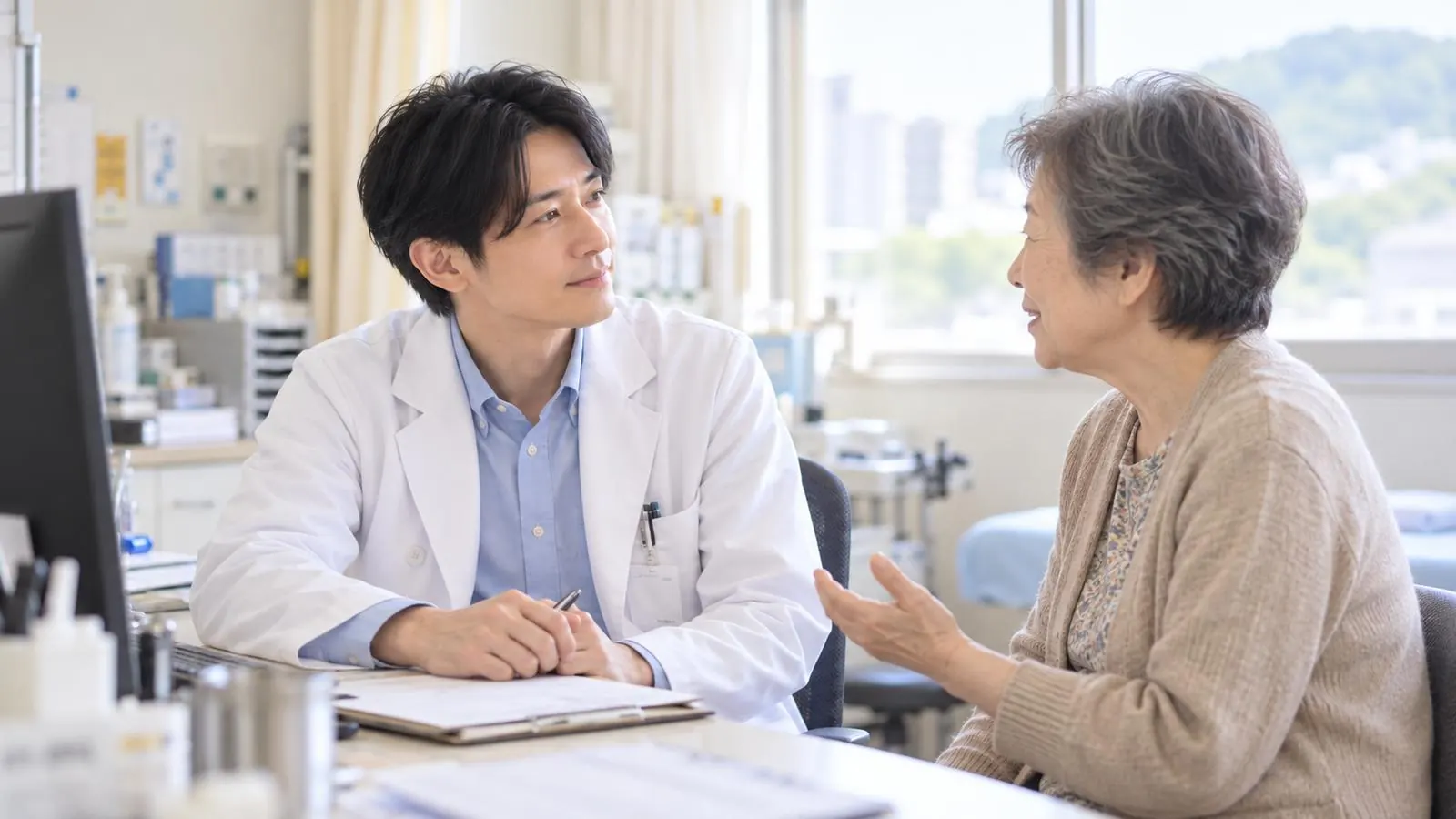 診察室で、医師と患者さんが経過について話している様子