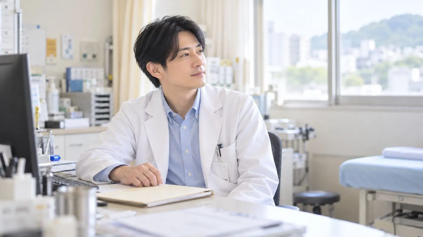 診察室の窓辺で、治療した患者さんのその後を思う医師